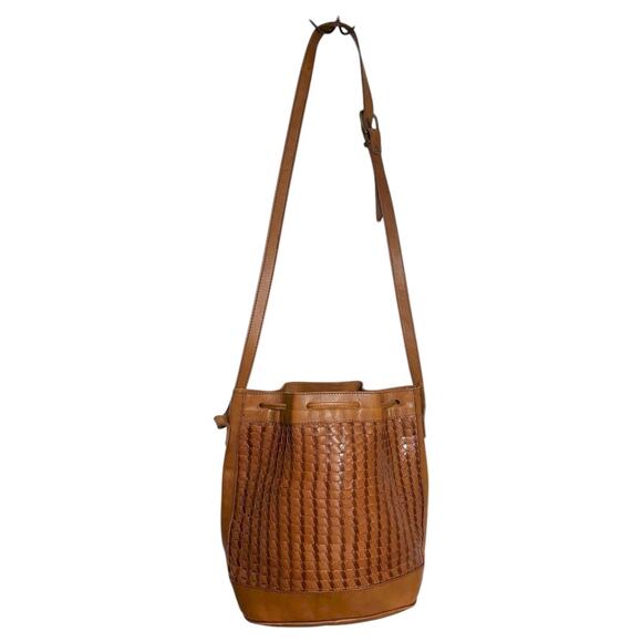 Unisa Vintage Woven Leather Bucket Bag Tan Drawstring Crossbody Made in Brazil - Picture 4 of 9